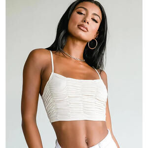 PRINCESS POLLY Adrienne Crop Top Cream Beige Ruched Adjustable Straps Size 0